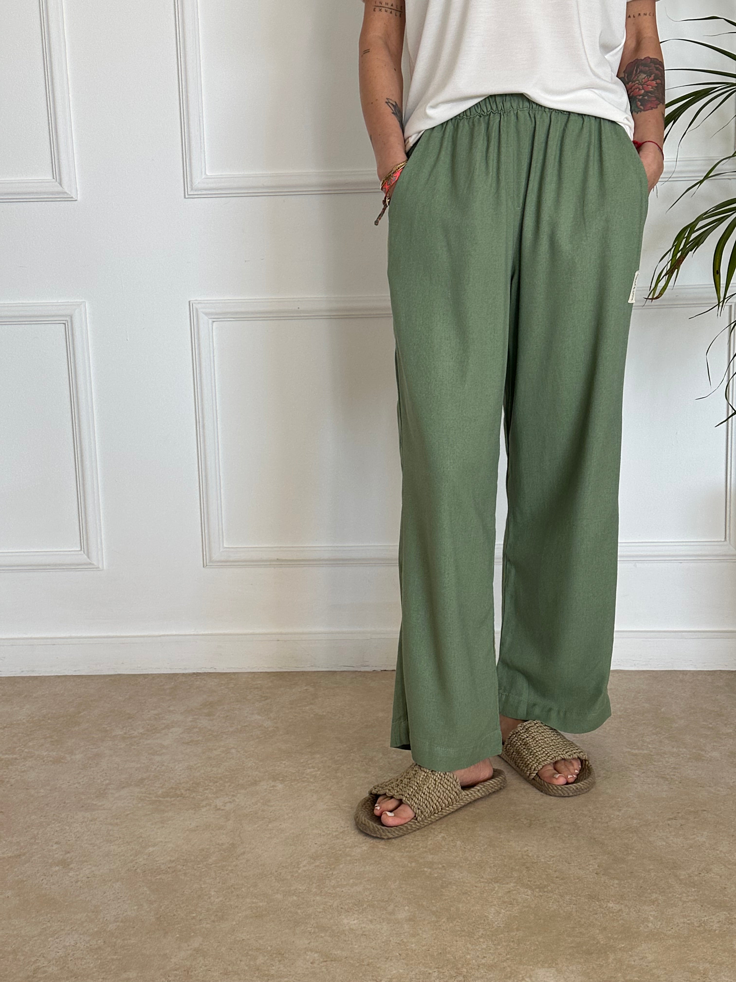 מכנסי ריזורט פשתן ירוקים