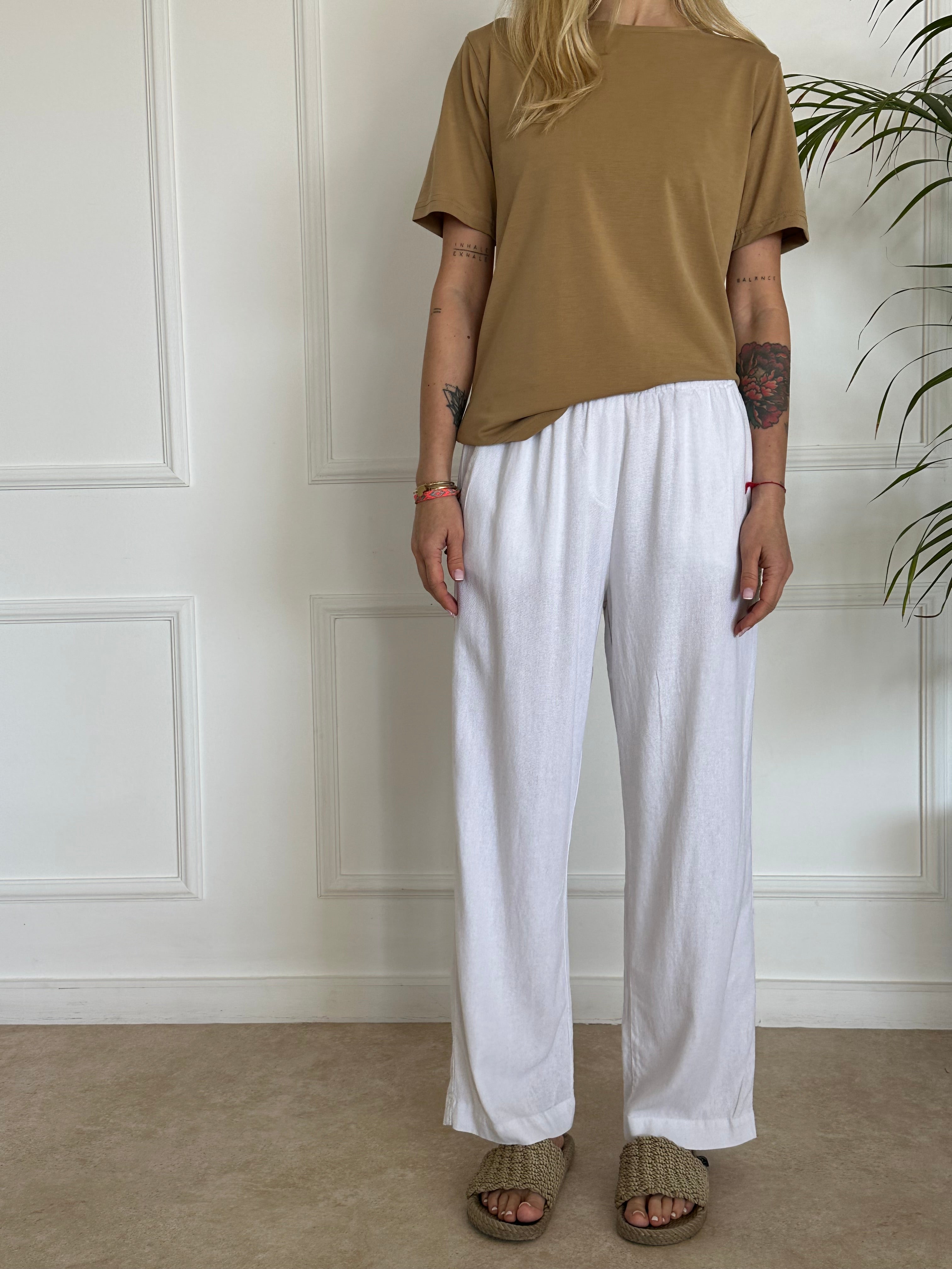 מכנסי ריזורט פשתן לבנים