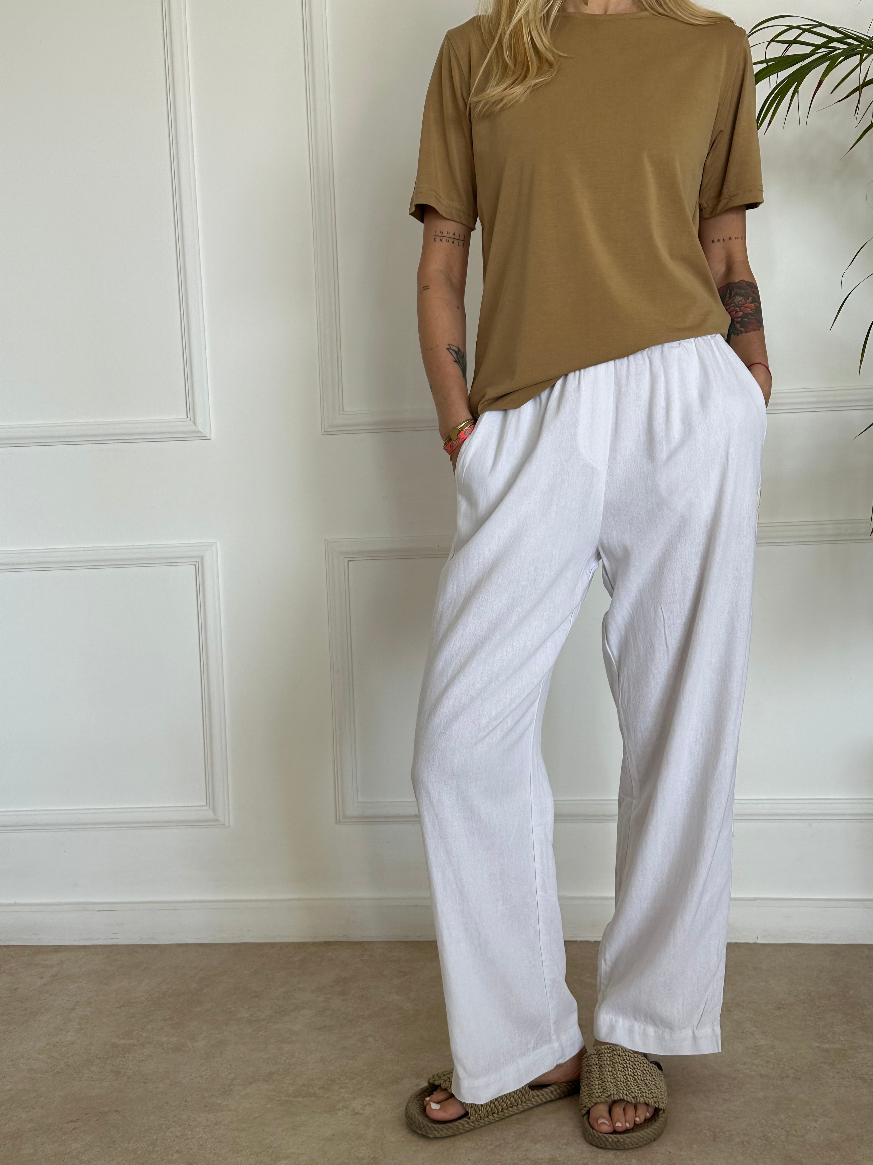 מכנסי ריזורט פשתן לבנים